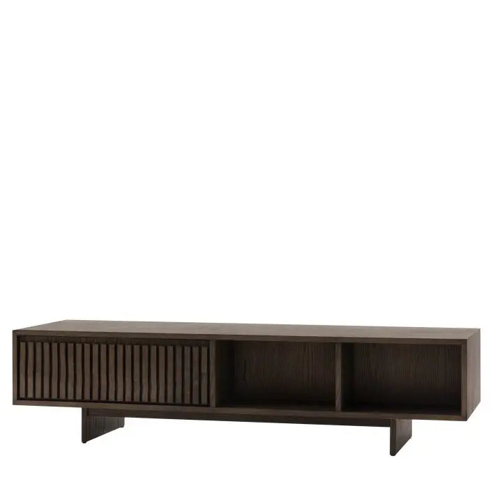 The Gallery Direct Onda Coffee Table features 1 drawer and a partitioned shelf for plenty of storage options, with a dark oak wood and veneer frame