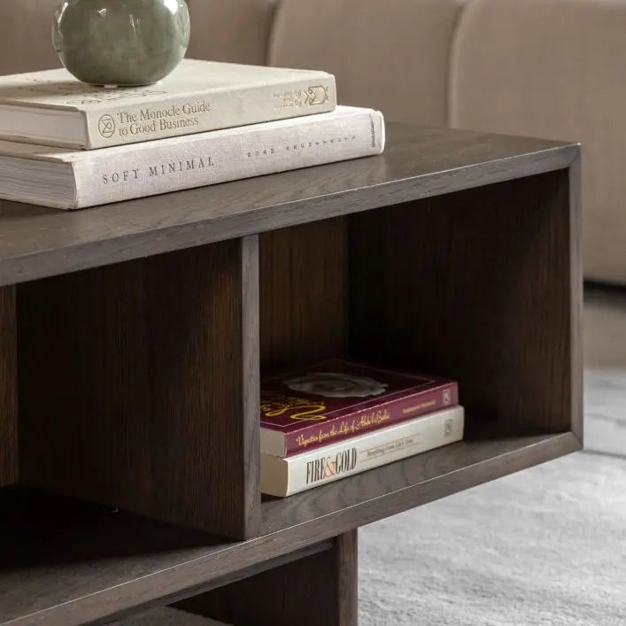 Gallery Direct Onda 1 Drawer Coffee Table also features a partitioned shelf for additional storage 