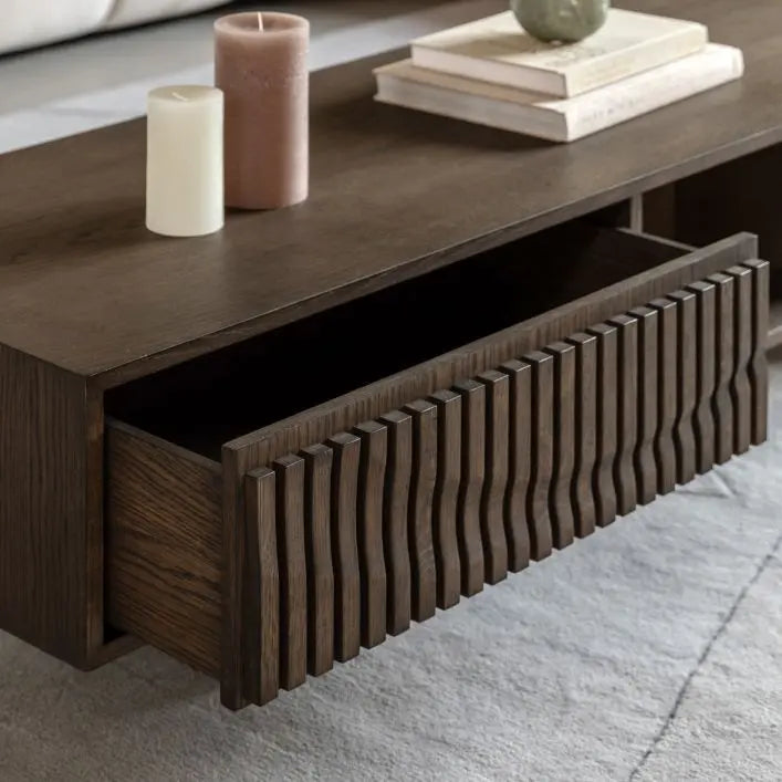 Gallery Direct Onda Coffee Table with 1 drawer and a partitioned shelf, in a rich charcoal brown finish