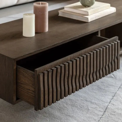 Gallery Direct Onda Coffee Table with 1 drawer and a partitioned shelf, in a rich charcoal brown finish
