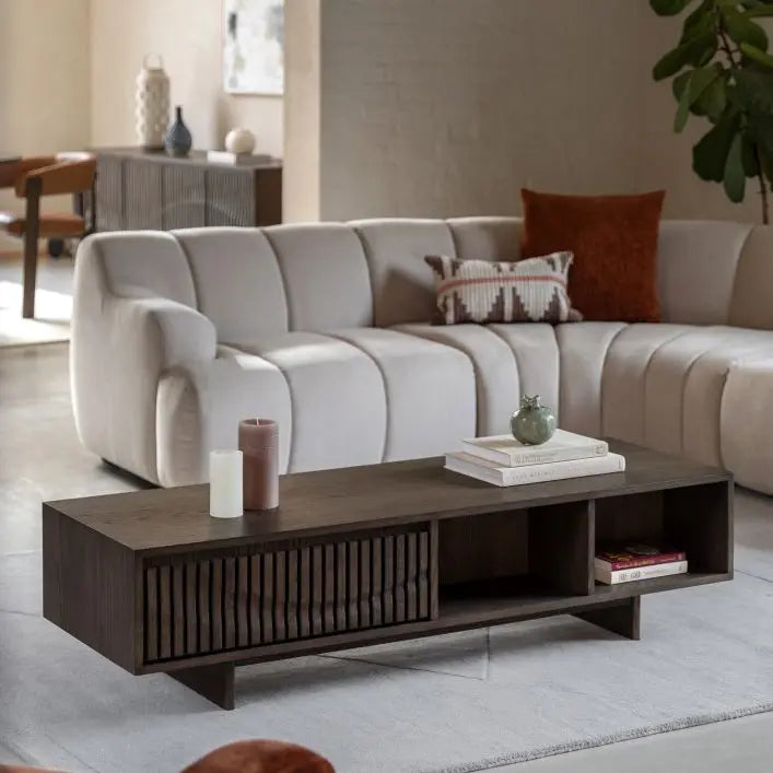Gallery Direct Onda 1 Drawer Coffee Table with shelving option and dark oak wood finish