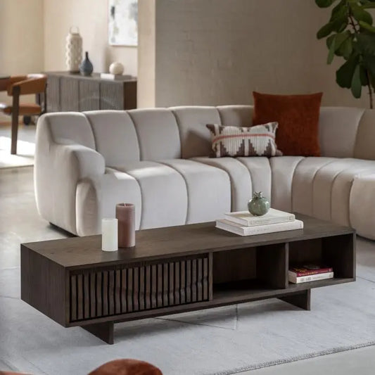 Gallery Direct Onda 1 Drawer Coffee Table with shelving option and dark oak wood finish