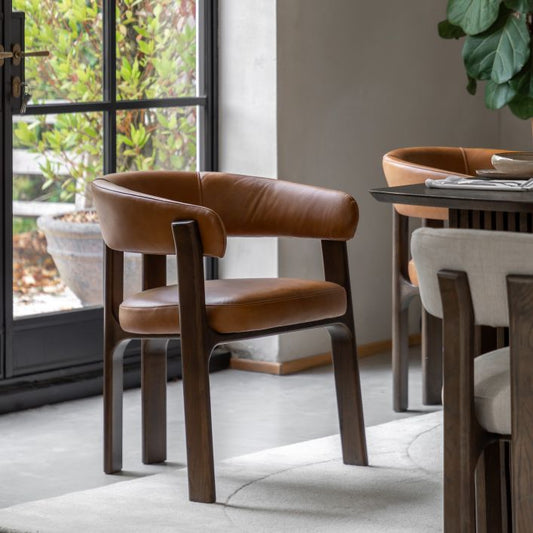 Gallery Direct Onda Dining Chair in Brown Leather upholstery with a charcoal brown oak and veneer wood frame