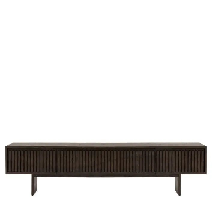 Gallery Direct Onda Media Unit is a charcoal brown coloured wide media cabinet with a striking slatted wave detail to the cabinet front