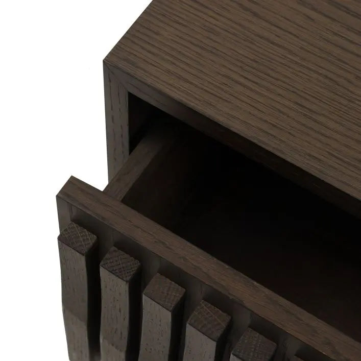 Gallery Direct Onda Media Unit crafted from solid oak and veneers in a charcoal brown finish, with a slatted wave design to the front cupboard doors