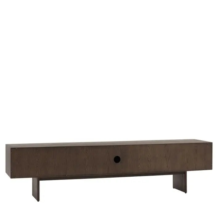 Gallery Direct Onda Media Unit constructed from solid oak and veneer wood in a rich charcoal brown colour, with cable tidy access at the rear