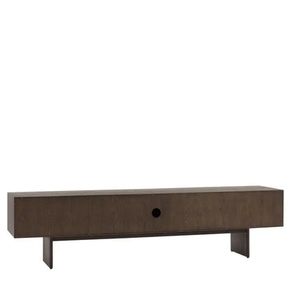 Gallery Direct Onda Media Unit constructed from solid oak and veneer wood in a rich charcoal brown colour, with cable tidy access at the rear
