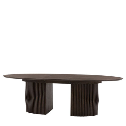 Gallery Direct Onda Oval Extending Dining Table features a generous table top that can host up to 6 people, with a slatted wood base for a modern aesthetic 
