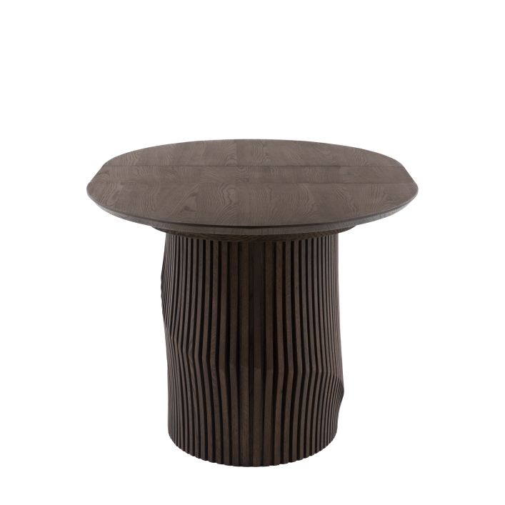 Gallery Direct Onda Oval Extending Dining Table features a sleek charcoal brown oval table top and a contemporary slatted wave design base 