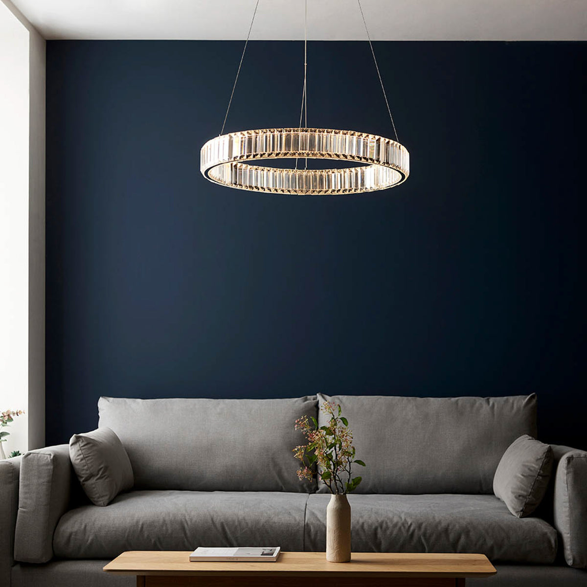 Gallery Direct Ousden Round Pendant Light Chrome, styled in a room setting