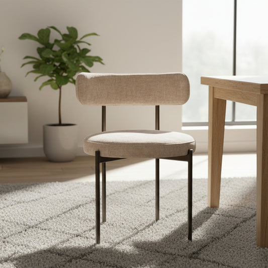 Gallery Direct Pair of Aveley Dining Chairs in a natural toned fabric with contemporary dark metal legs and frame