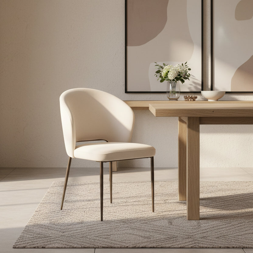 The Gallery Direct Pair of Cosenza Dining Chairs are fully upholstered in a soft Vanilla coloured fabric, with bronzed metal legs
