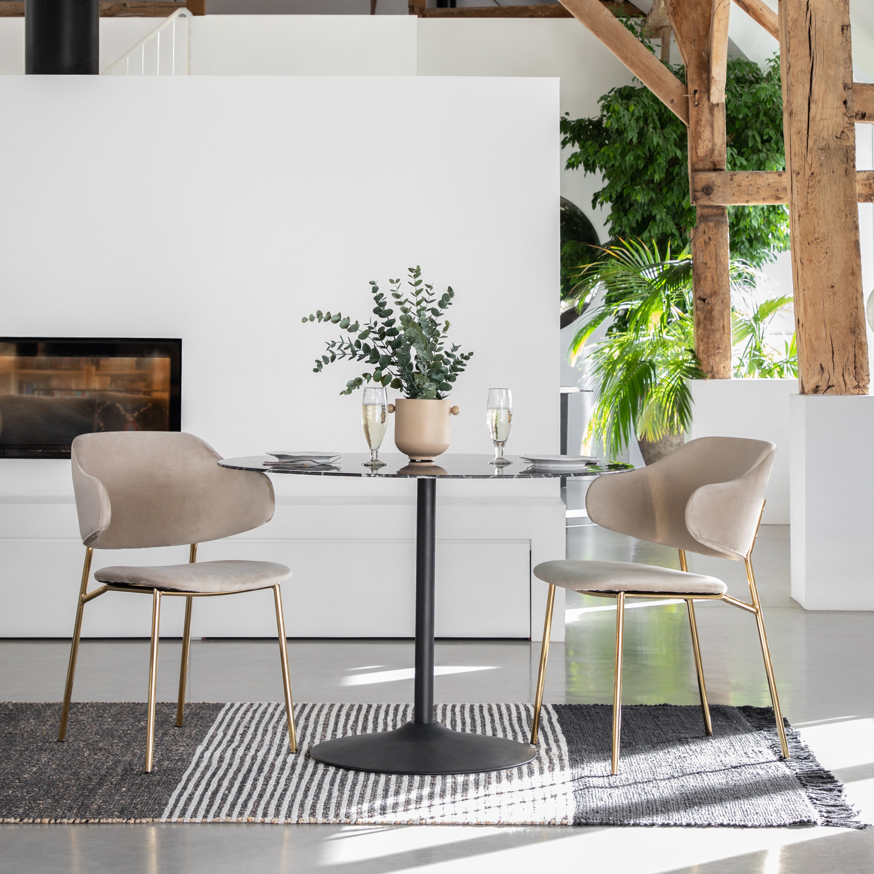 Gallery Direct Pair of Taupe Velvet Whitehall Dining Chairs with a split backrest and a slender golden metal frame and legs