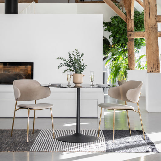 Gallery Direct Pair of Taupe Velvet Whitehall Dining Chairs with a split backrest and a slender golden metal frame and legs