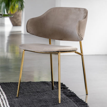 Gallery Direct Pair of Whitehall Dining Chairs Upholstered in a Sumptuous Taupe Velvet with slender golden coloured metal legs