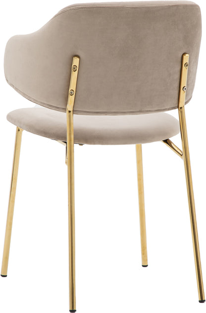 Gallery Direct Pair of Whitehall Dining Chairs in Taupe velvet with a split backrest and slim golden metal frame