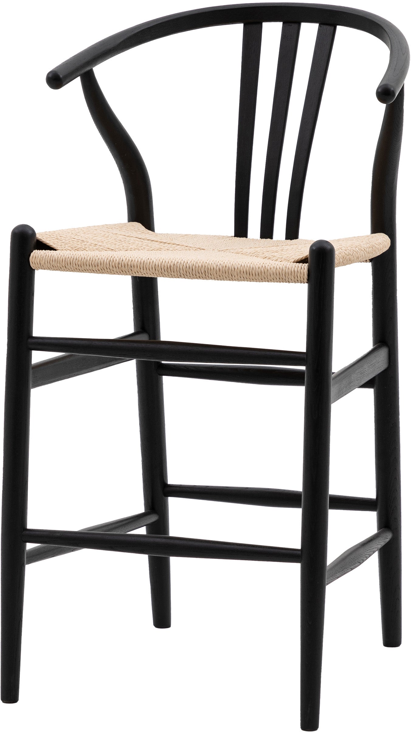 Gallery Direct Pair of Whitney Bar Stools in Black painted wood with a wishbone backrest, rope woven seat and a footrest bar