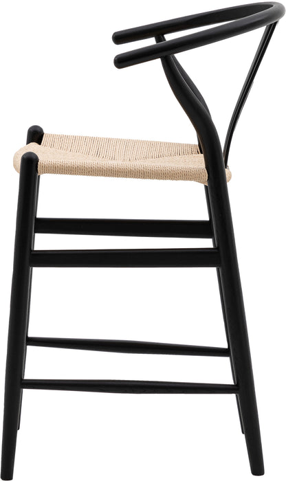 Gallery Direct Pair of Black Whitney Bar Stools with a wishbone backrest and rope woven seat