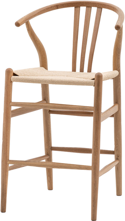 Gallery Direct Pair of Whitney Bar Stools in Natural Elm wood with a wishbone backrest, rope woven seat and a footrest bar