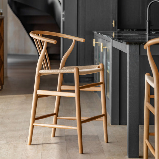 Gallery Direct Pair of Whitney Bar Stools in Natural Elm wood with wishbone backrest, rope woven seat and a footrest bar