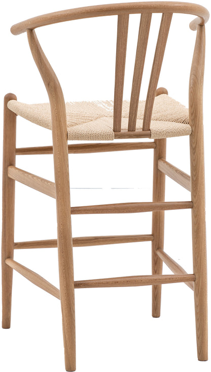 Gallery Direct Pair of Whitney Bar Stools in Natural wood with a rope woven seat and wishbone backrest