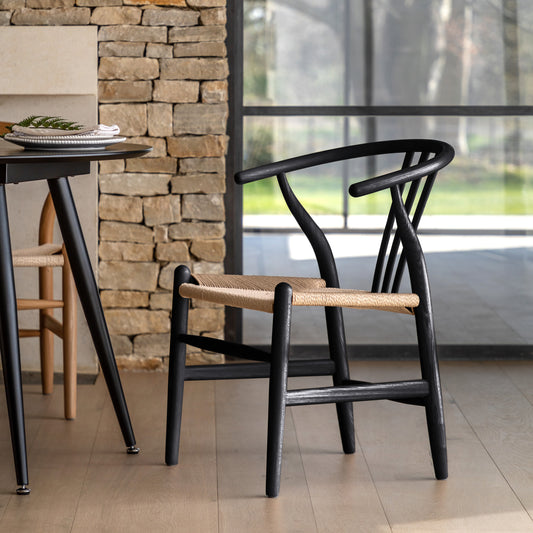 Gallery Direct Pair of Whitney Chairs in Black coloured Elm wood with a wishbone backrest and a rope woven seat
