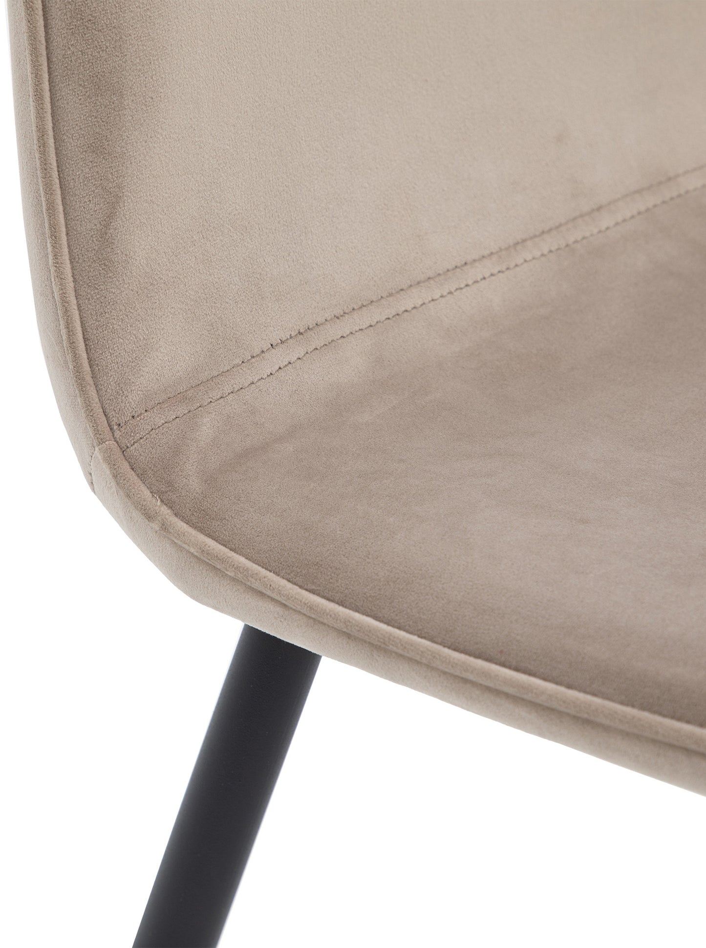 Gallery Direct Pair of Widdicombe Upholstered Dining Chairs in a soft Taupe coloured velvet style fabric with line stitching, and black metal legs