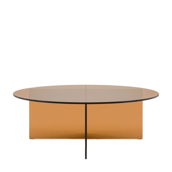 Gallery Direct Parioli Glass Coffee Table has a round bronze tinted table top in toughened glass with a matching cross legged base