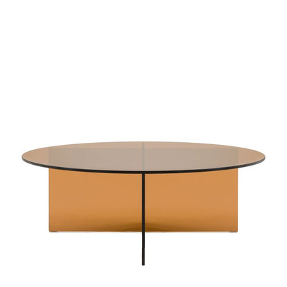 Gallery Direct Parioli Glass Coffee Table has a round bronze tinted table top in toughened glass with a matching cross legged base