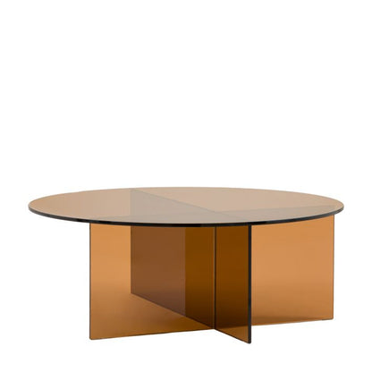 Gallery Direct Parioli Glass Coffee Table in Bronze with a round table top and cross legged base