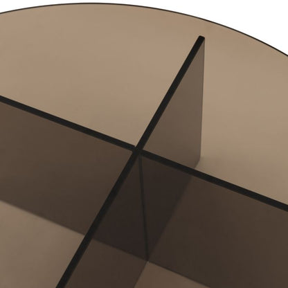 Gallery Direct Parioli Glass Coffee Table has a round Charcoal brown toned table top with matching cross legged base 