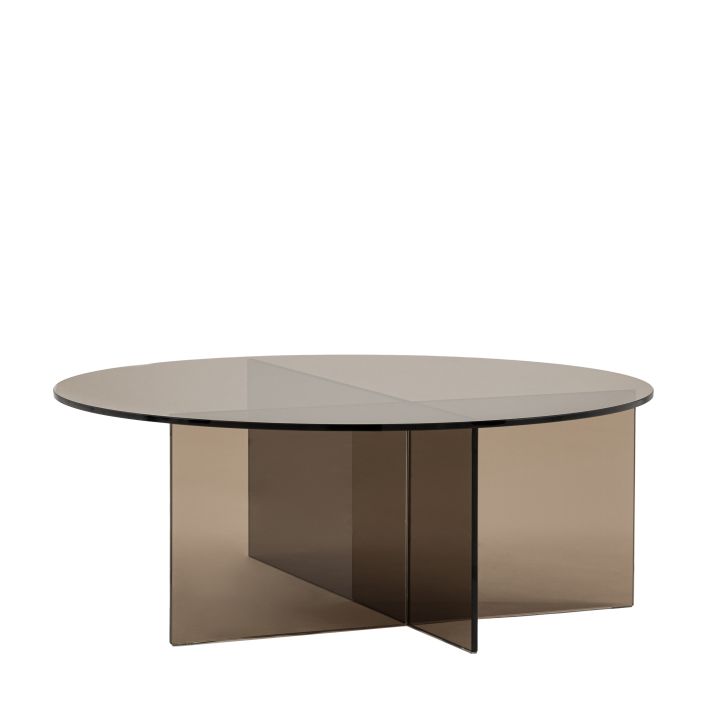 Gallery Direct Parioli Glass Coffee Table has a round table top and cross legged base in a Charcoal brown colour toughened glass