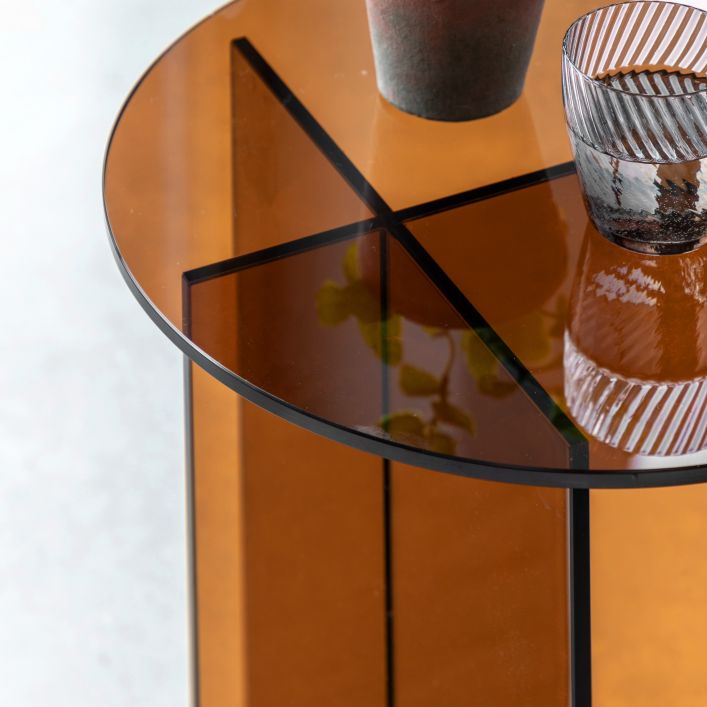 Gallery Direct Parioli Round Glass Side Table in Bronze toned toughened glass with cross legged base