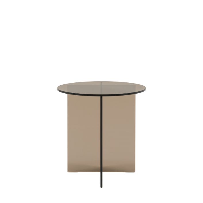 Gallery Direct Parioli Glass Side Table has a round toughened glass table top and cross legged base in a Charcoal brown colour