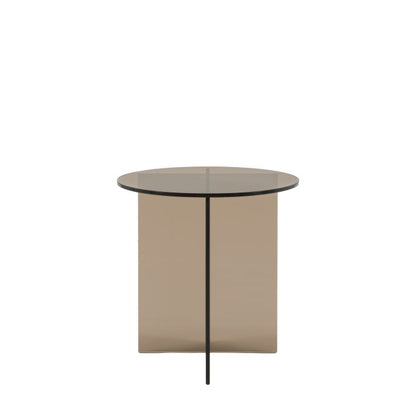 Gallery Direct Parioli Glass Side Table has a round toughened glass table top and cross legged base in a Charcoal brown colour