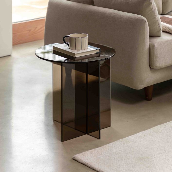 The Gallery Direct Parioli Round Glass Side Table has a toughened glass table top with matching cross leg base, in a Charcoal brown colour