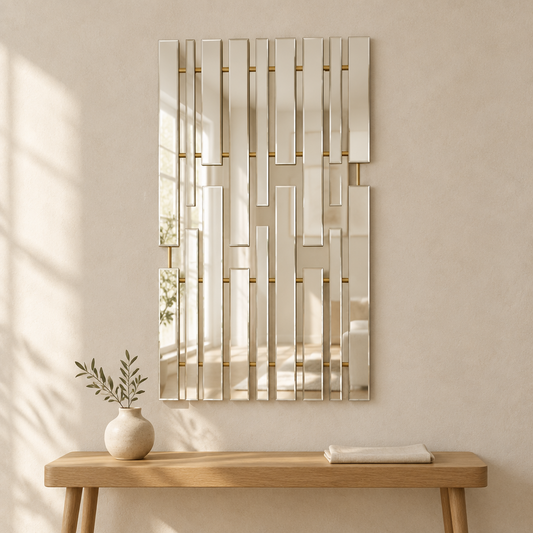 Gallery Direct Parsloes Mirror Champagne above an oak console in a neutral interior