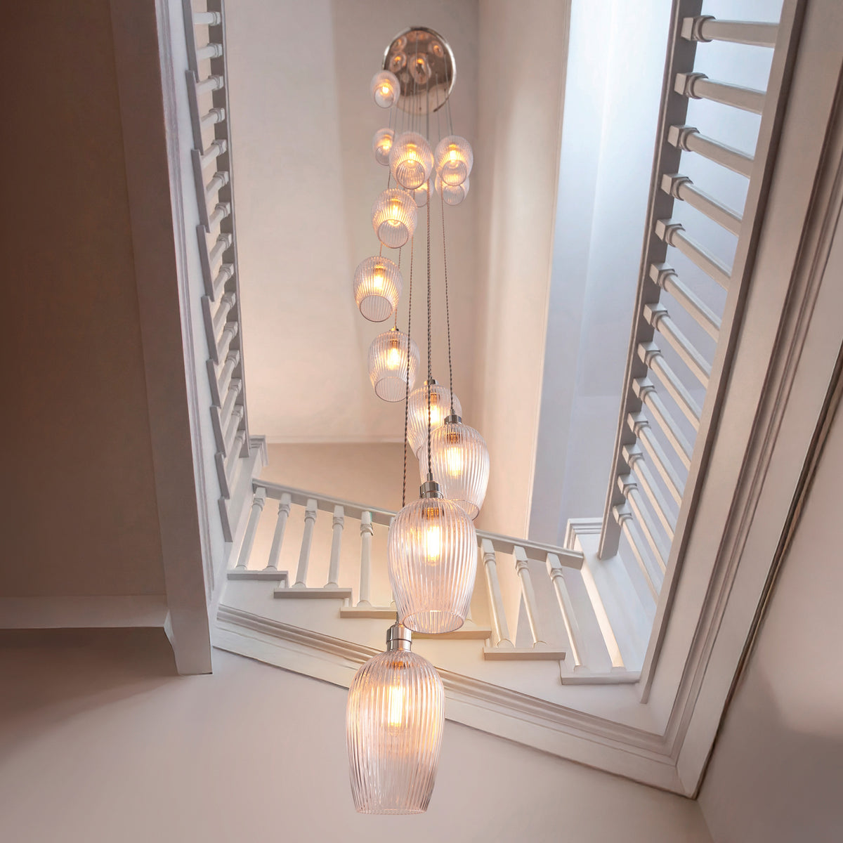 Gallery Direct Polaris 13 Ribbed Pendant Light Bright Nickel, styled in a room setting