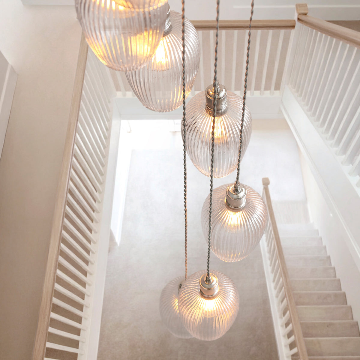 Gallery Direct Polaris 13 Ribbed Pendant Light Bright Nickel, close-up of the finish and design