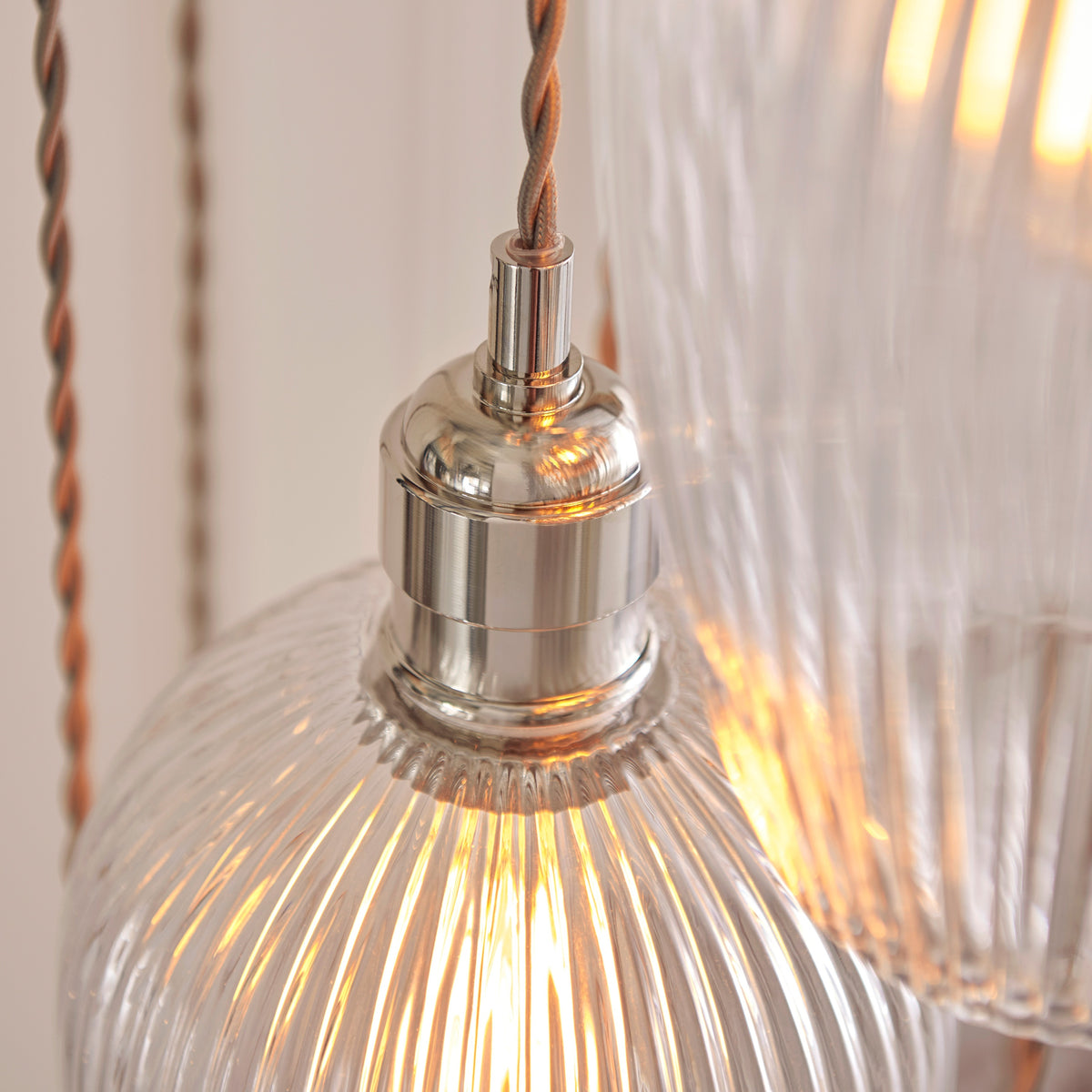 Gallery Direct Polaris 13 Ribbed Pendant Light Bright Nickel, close-up of the finish and design