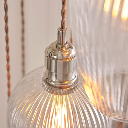 Gallery Direct Polaris 13 Ribbed Pendant Light Bright Nickel, close-up of the finish and design