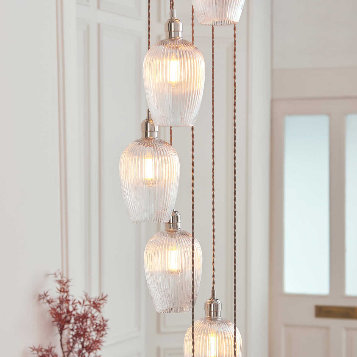 Gallery Direct Polaris 13 Ribbed Pendant Light Bright Nickel, close-up of the finish and design