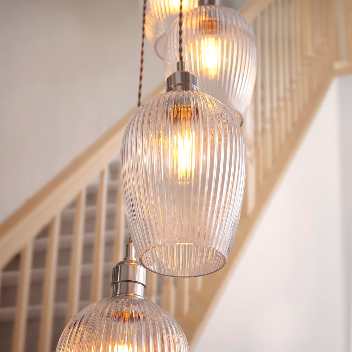 Gallery Direct Polaris 13 Ribbed Pendant Light Bright Nickel, close-up of the finish and design