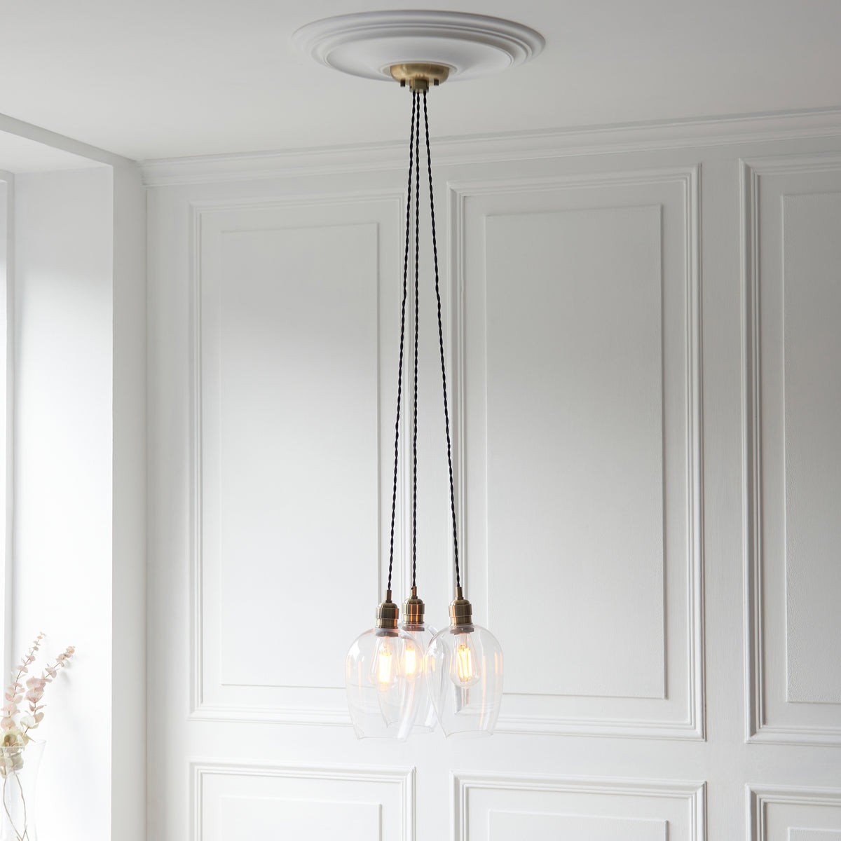 Gallery Direct Polaris 3 Cluster Pendant Light Antique Brass, styled in a room setting