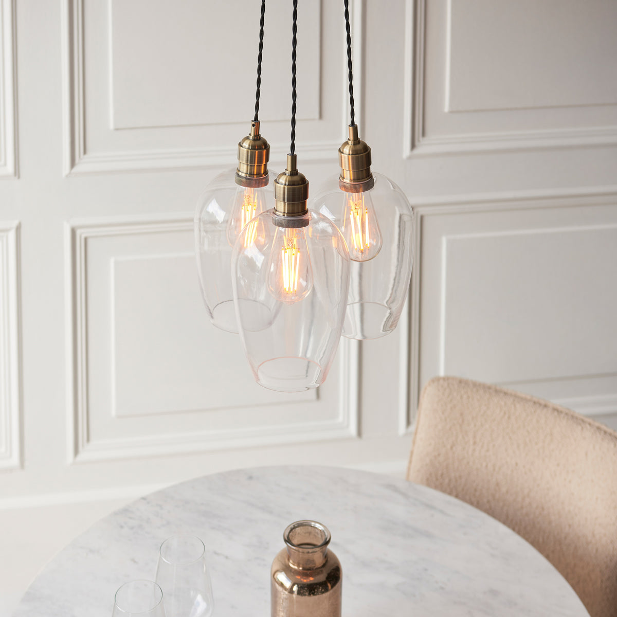 Gallery Direct Polaris 3 Cluster Pendant Light Antique Brass, styled in a room setting