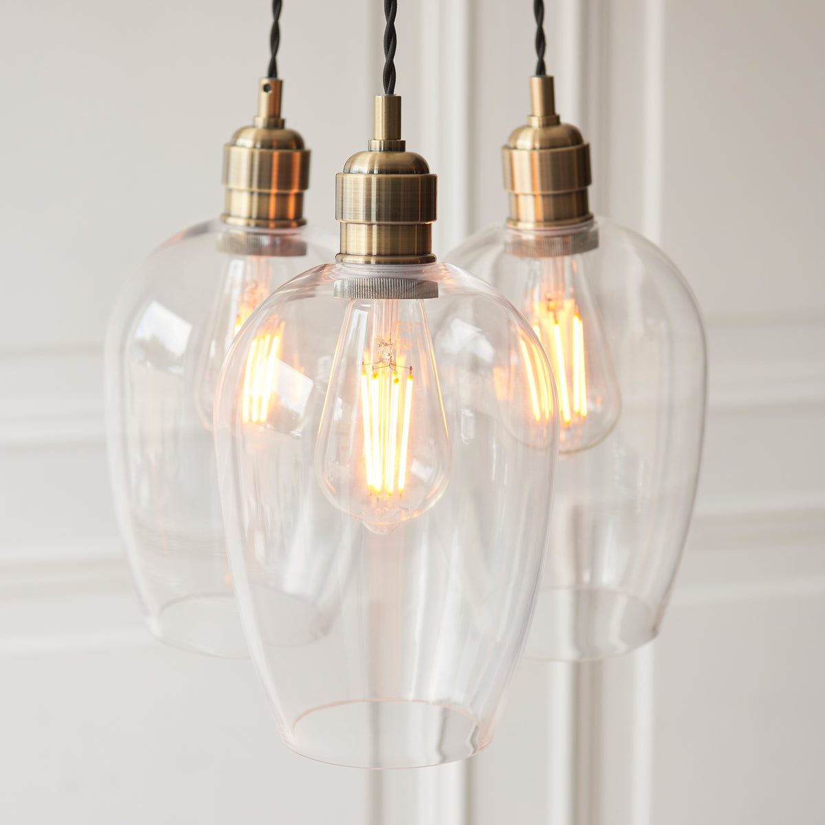 Gallery Direct Polaris 3 Cluster Pendant Light Antique Brass, close-up of the finish and design