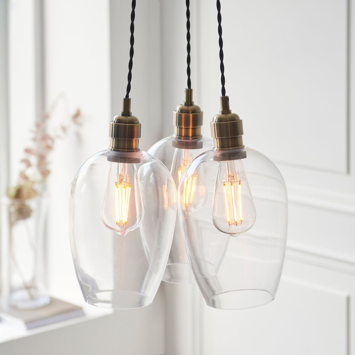 Gallery Direct Polaris 3 Cluster Pendant Light Antique Brass, close-up of the finish and design