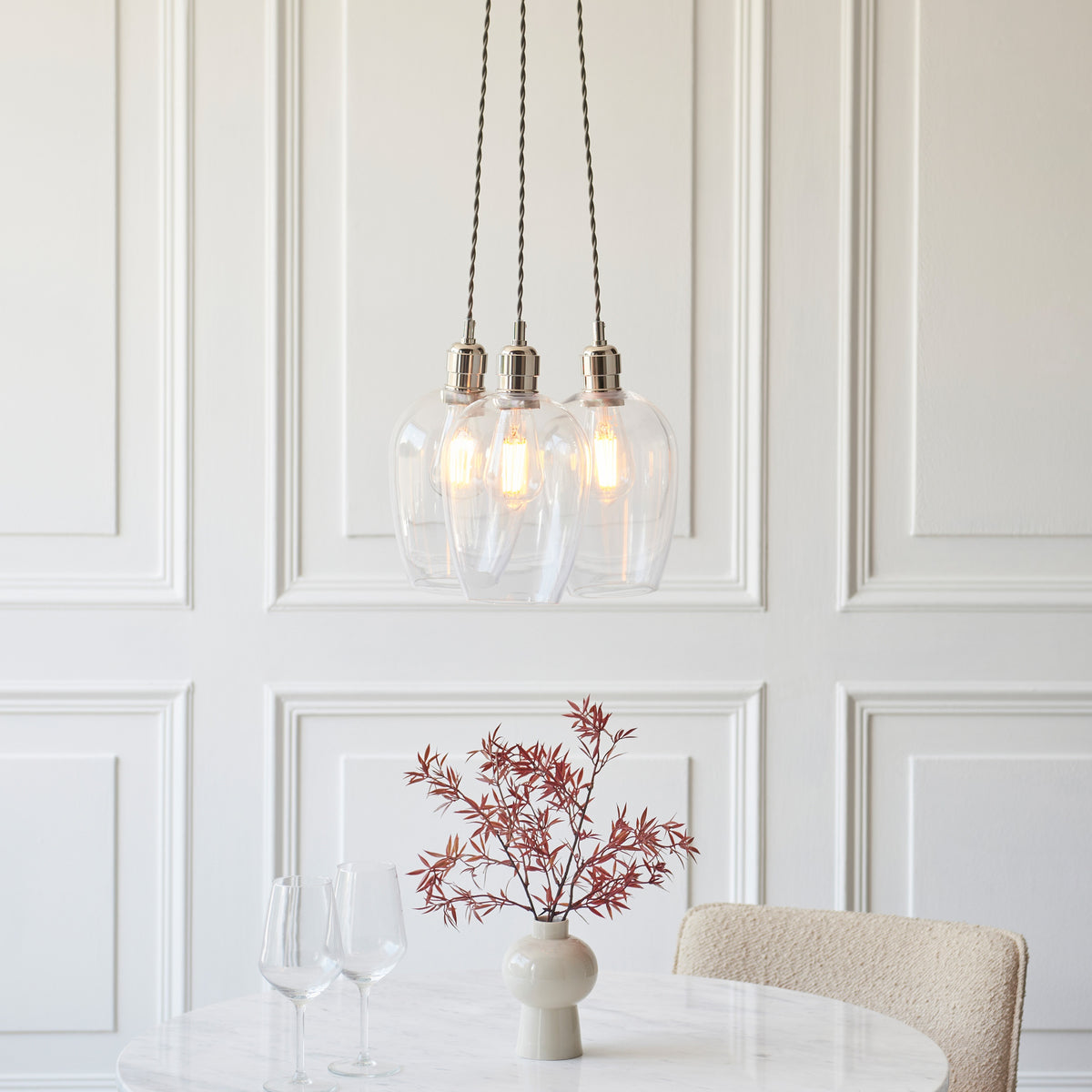 Gallery Direct Polaris 3 Cluster Pendant Light Bright Nickel, styled in a room setting