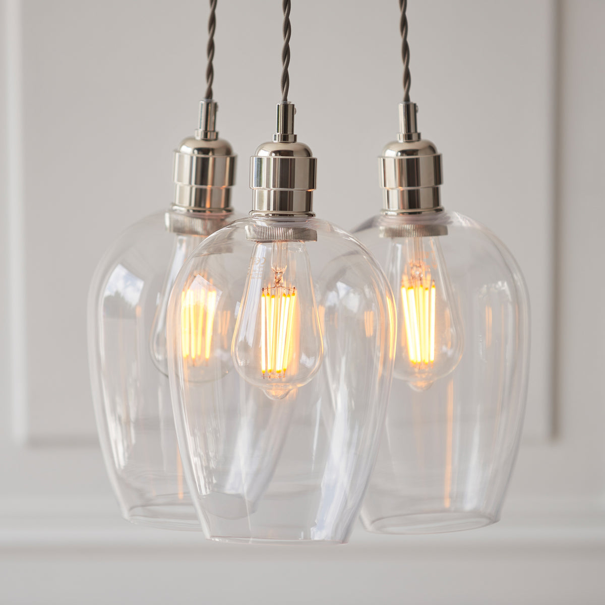 Gallery Direct Polaris 3 Cluster Pendant Light Bright Nickel, close-up of the finish and design
