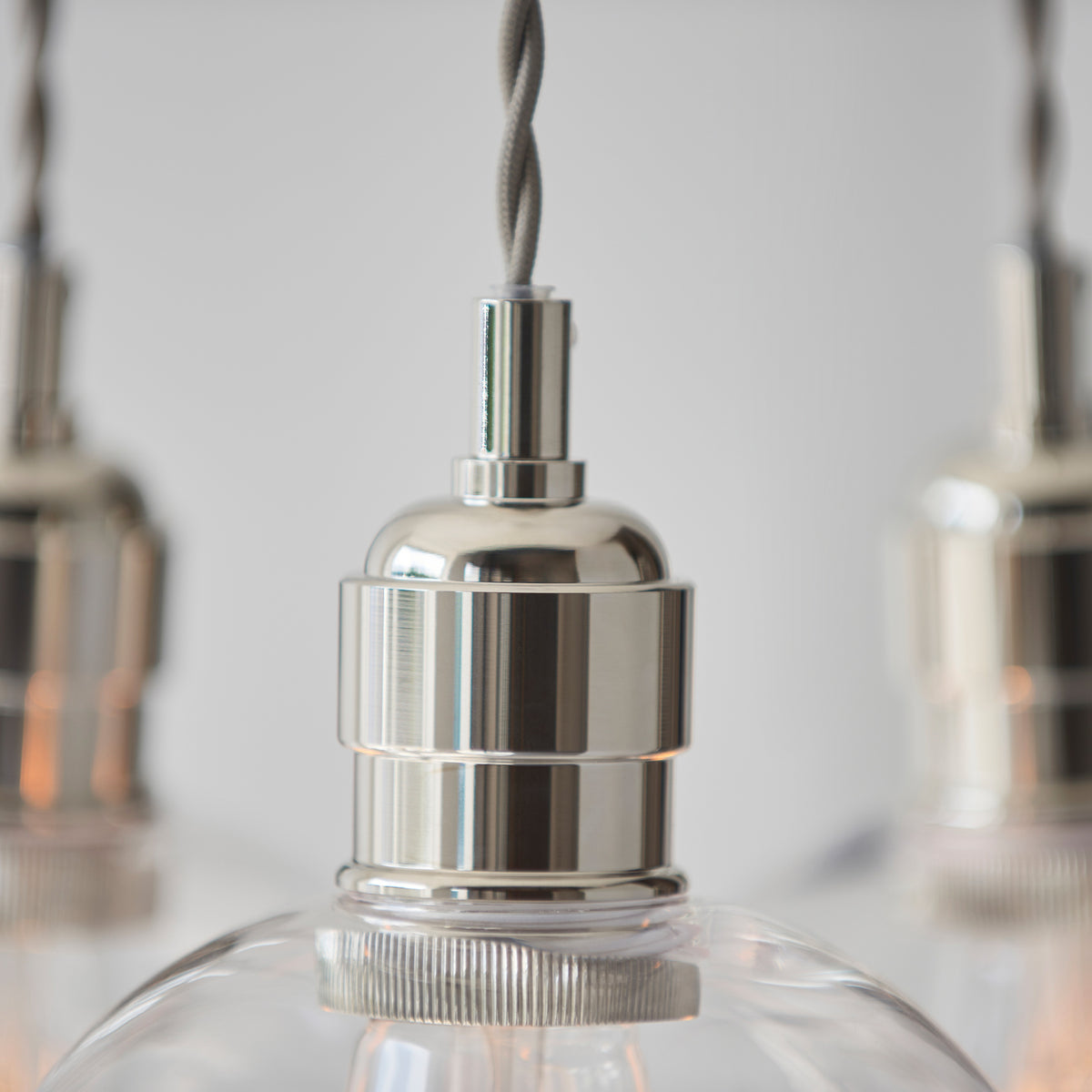 Gallery Direct Polaris 3 Cluster Pendant Light Bright Nickel, close-up of the finish and design